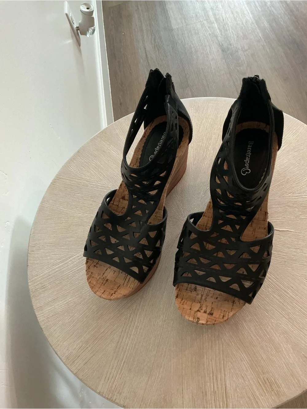 243. Bear Traps Black Laser-Cut Cork Platform Wedge Sandals